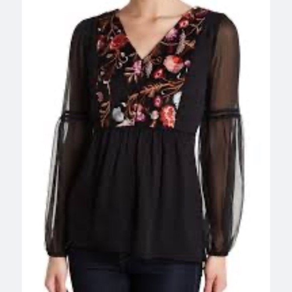 Catherine Malandrino Tops - Catherine MaLandrino | Black Sheer Embroidered Bell Sleeve Blouse Size Medium
